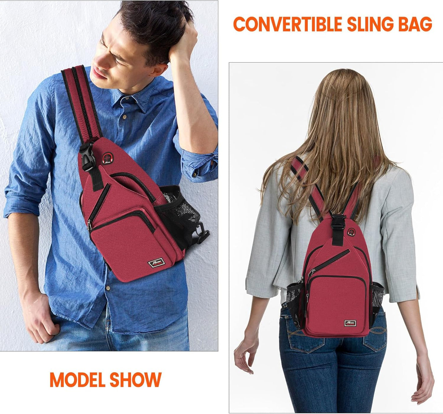 Crossbody Sling Backpack Men and Women Sling Bag Shoulder Backpack Travel Hiking Chest Bag Daypack (Red)