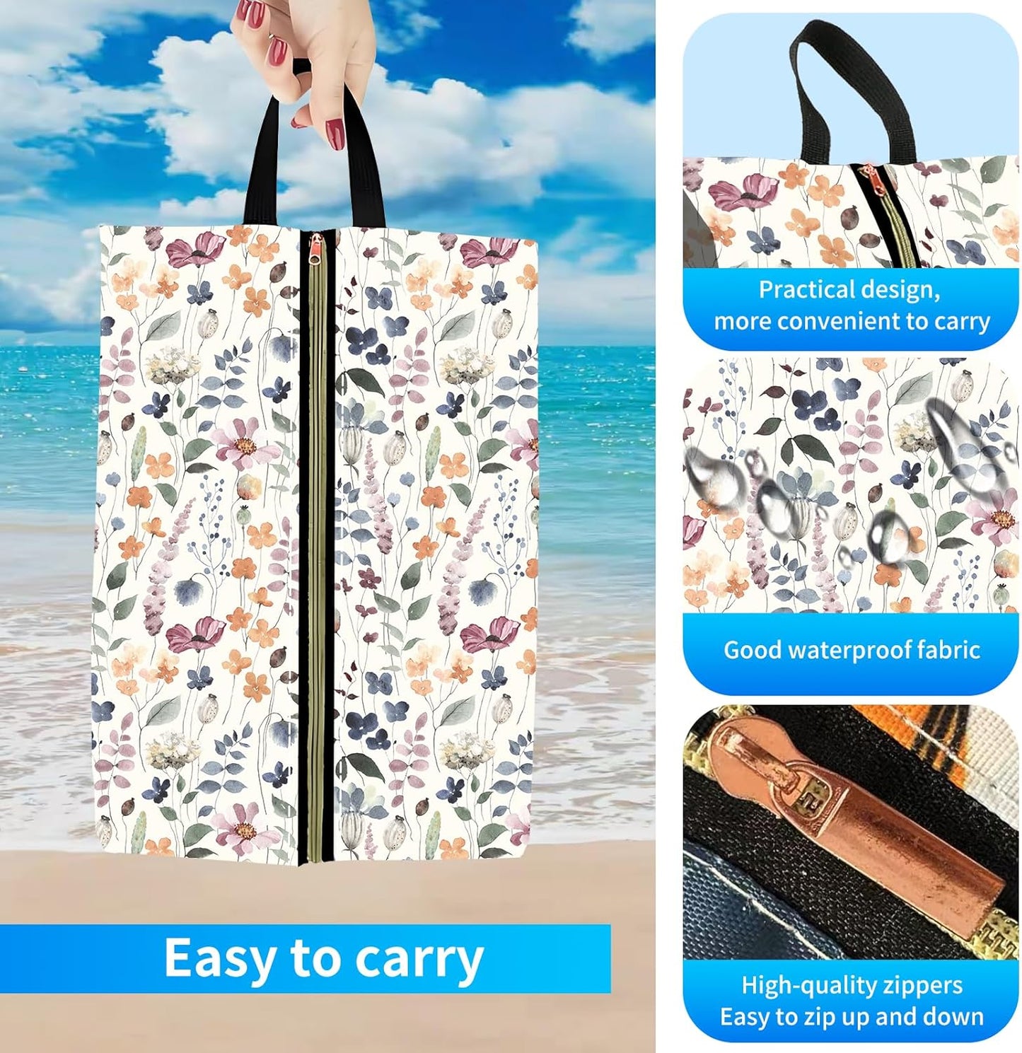 2pcs Shoe Organizer for Travel, Packing Shoe Travel Bags, Cute Shoe Bag with Zipper & Handle, Portable Travel Essentials for Women and Men Spring Flowers