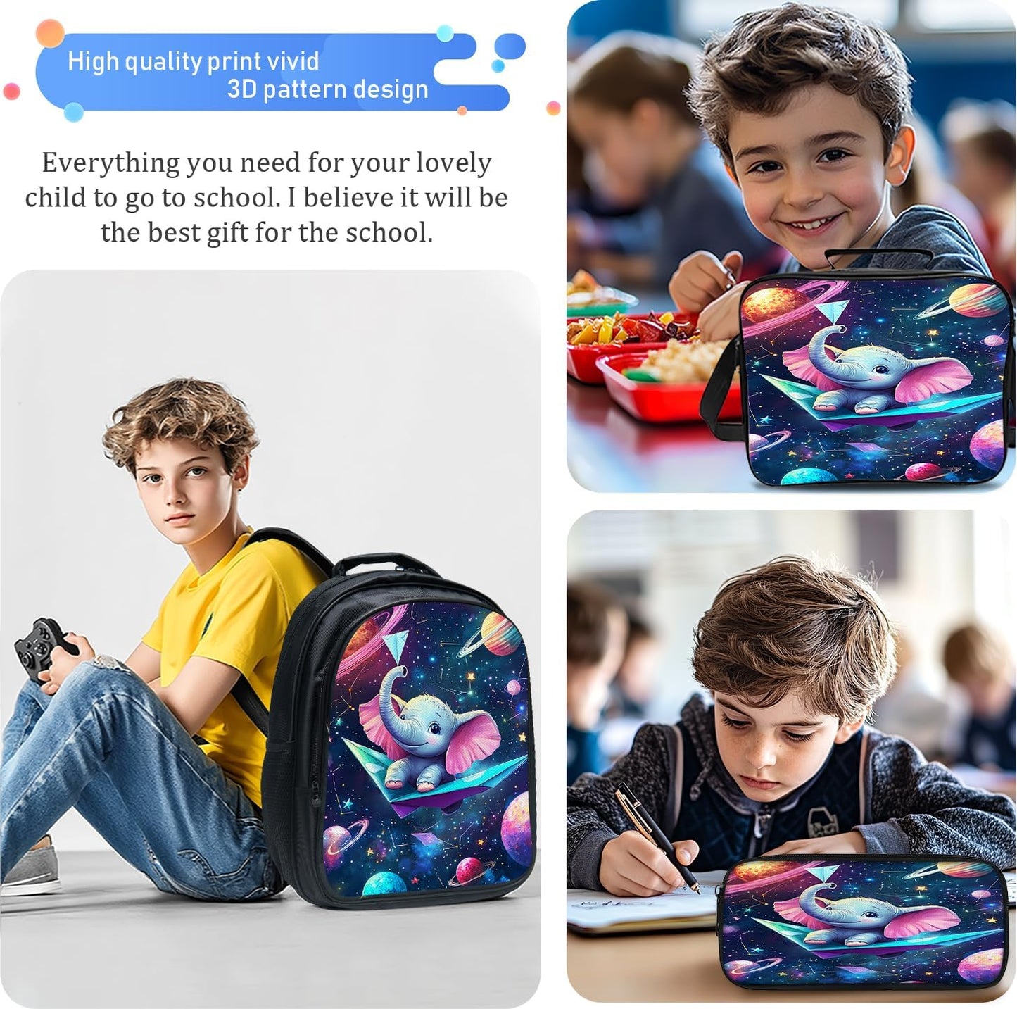 Funny Elephant Backpack Space Galaxy School Bag 3PCS Backpack 16 Inch with Lunch Bag Set Lightweight for Teen Boys Girls Kids Elementary Middle School