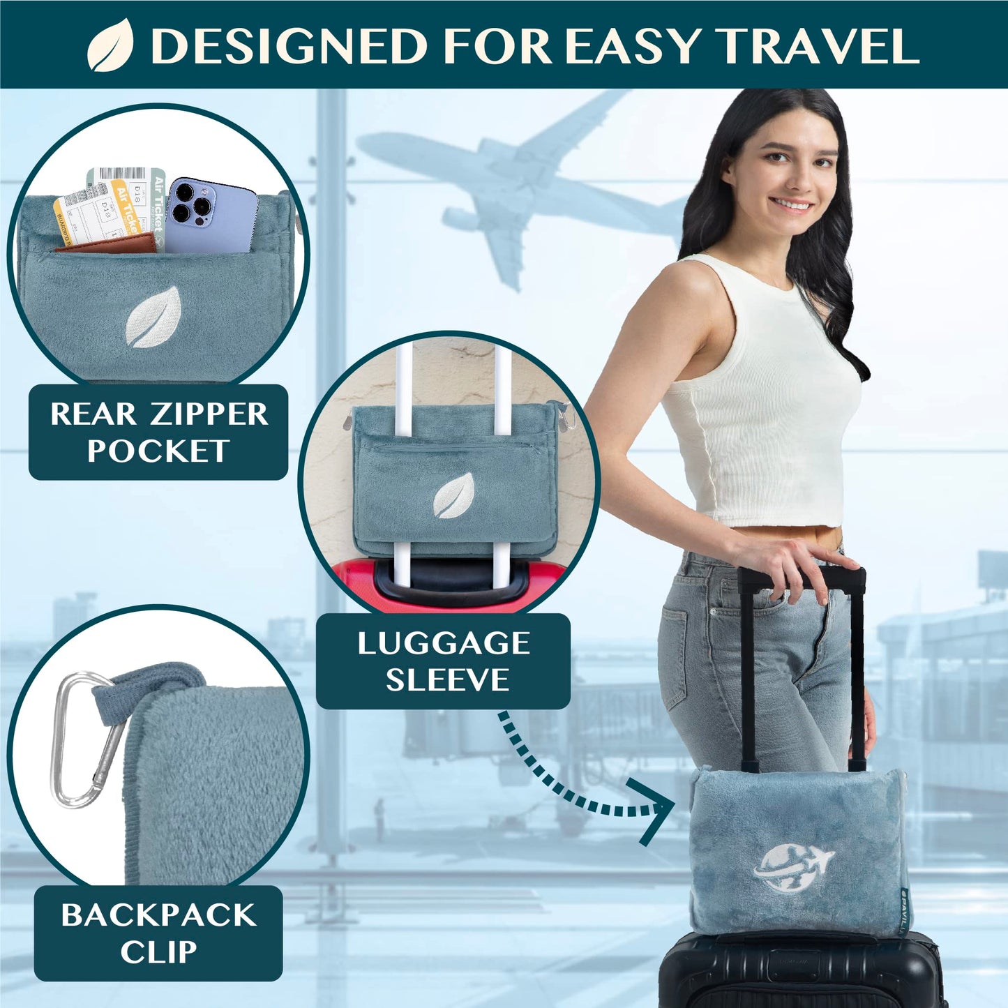PAVILIA Travel Blanket and Pillow, Arms Opening Airplane Blankets for Adults, Compact Plane Blanket