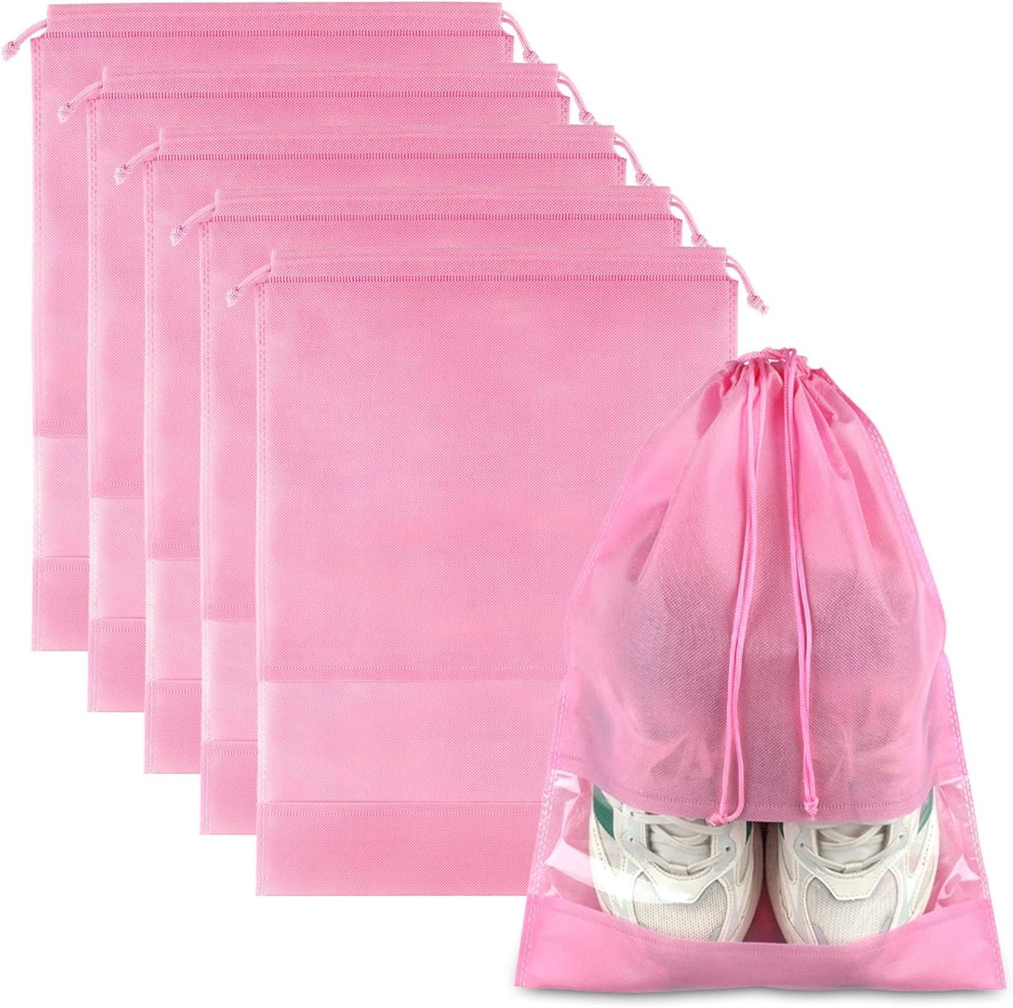 Pink Travel Shoe Bags - 5 Pcs Non-Woven Drawstring Packing Bags with Clear Window (15.7" x 11.8")