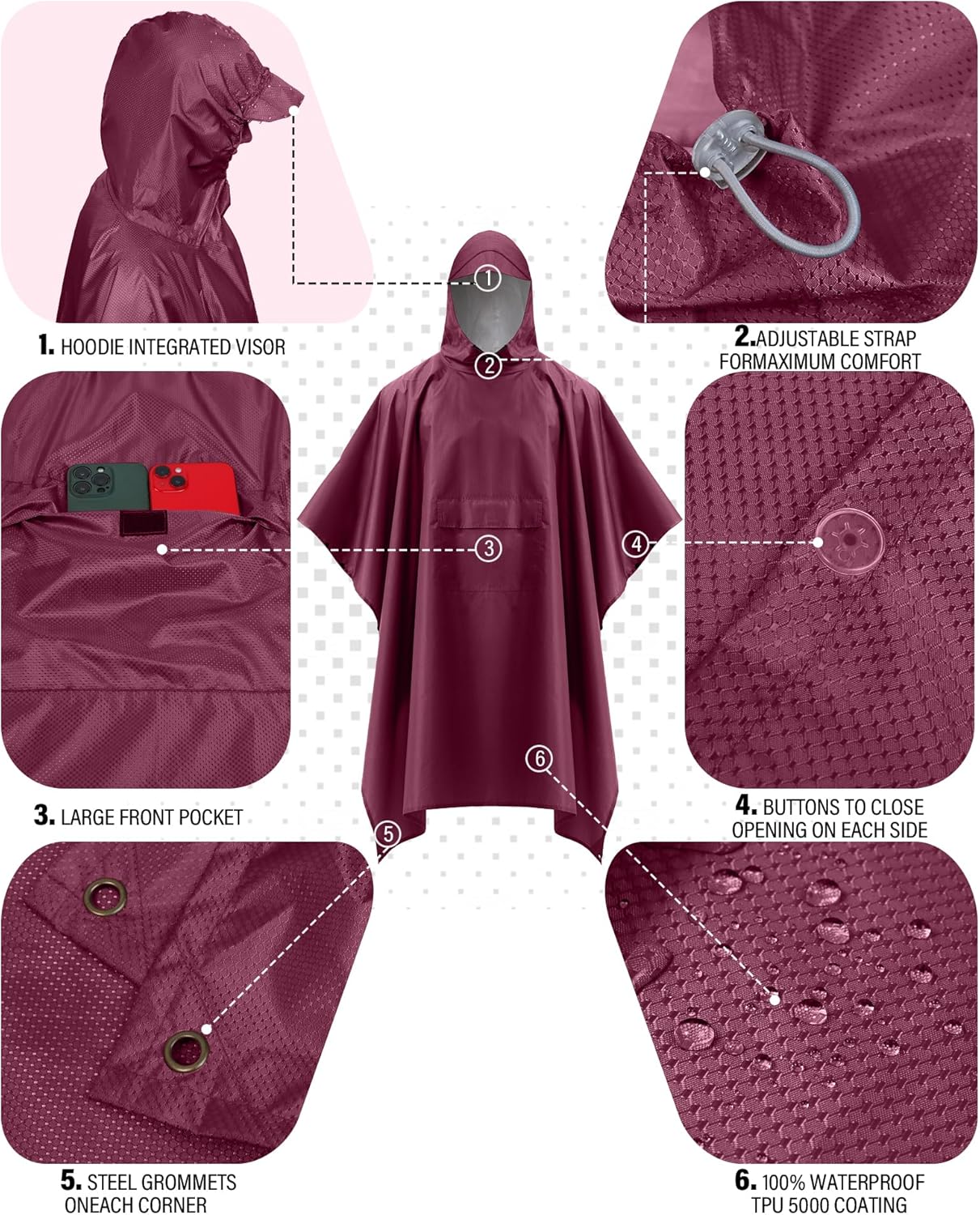 iCreek Hooded Rain Poncho Packable Unisex Raincoat Jacket with Pocket Waterproof Lightweight for