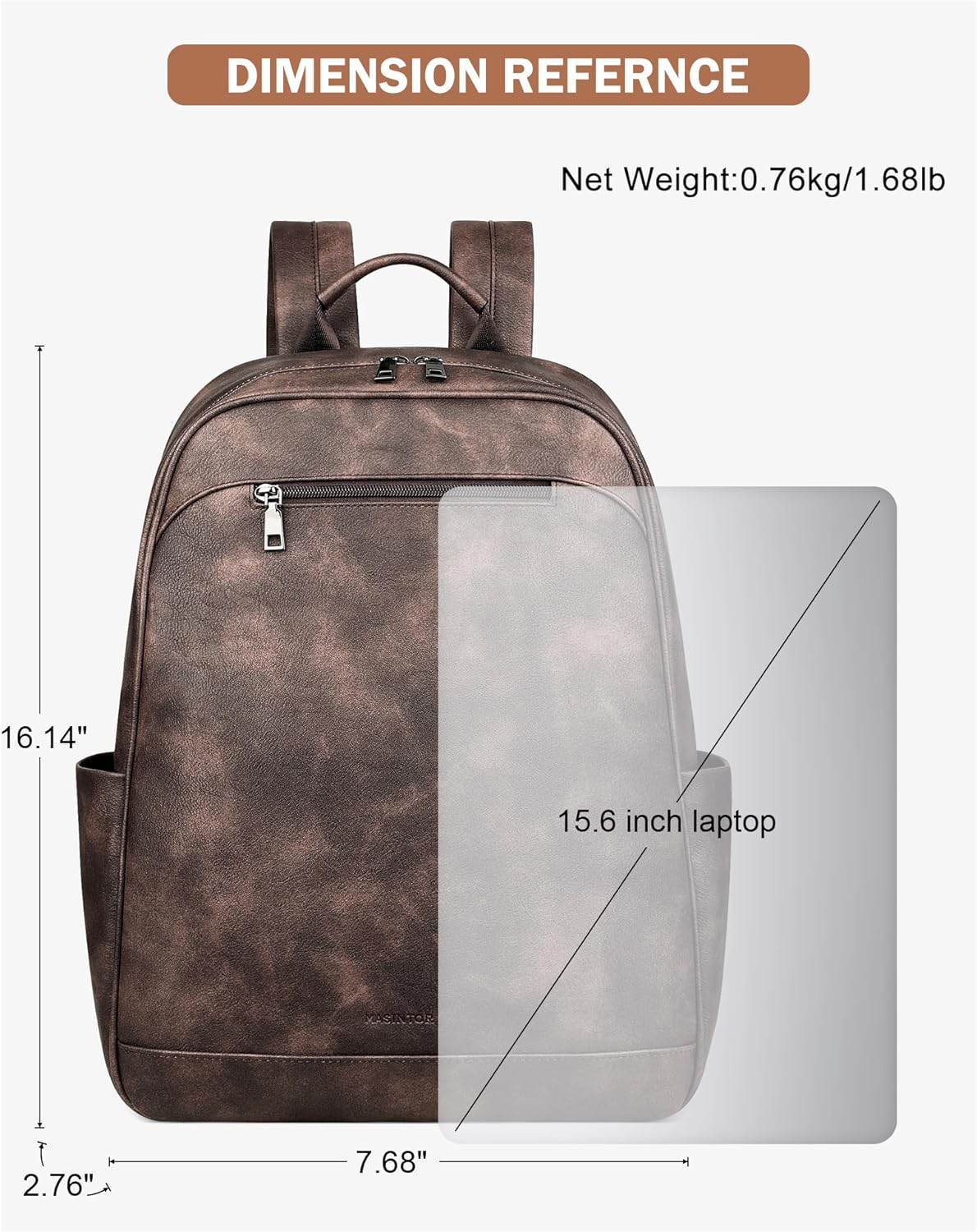 MASINTOR 15.6 inch Leather Laptop Backpack Purse for Women, Designer Travel and Work Bag with Laptop Compartment Retro Coffee
