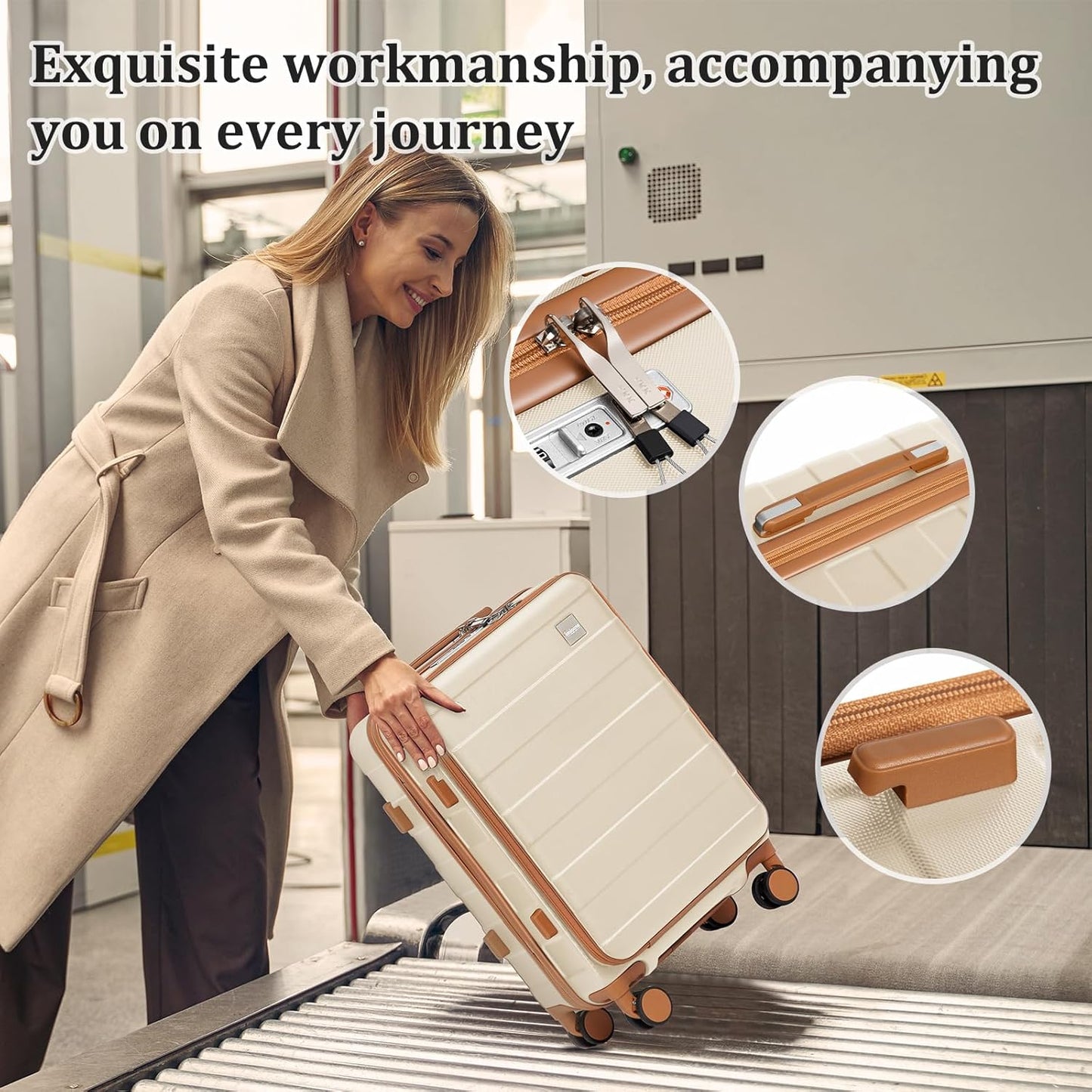imiomo Carry on Luggage Airline Approved, Lightweight Hard Shell Carry-on Suitcase, 20 Inch Travel Luggage with Spinner Wheels and USB Port, White Brown