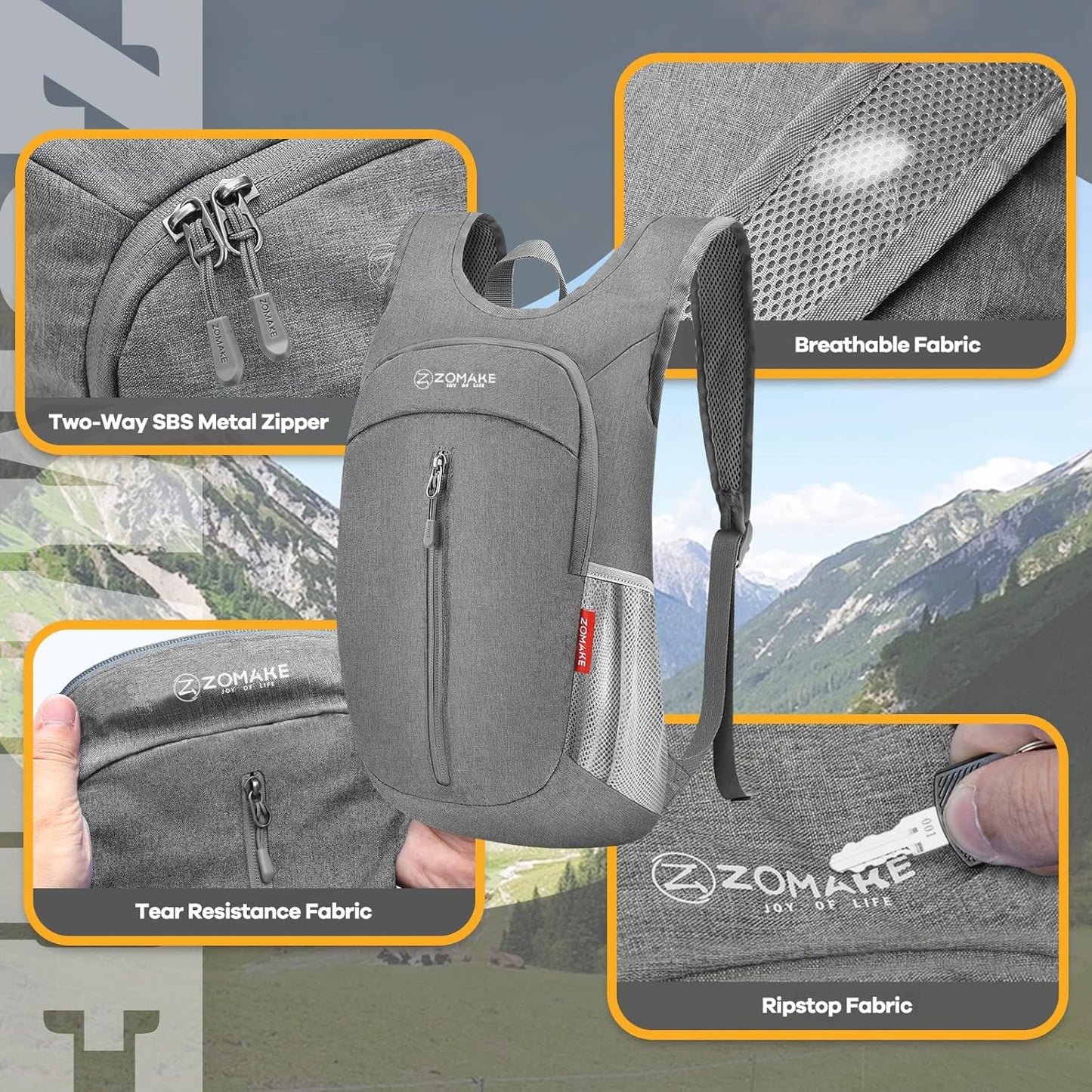 ZOMAKE 10L Ultra Lightweight Packable Backpack, Small Daypack Light Foldable Backpacks Water Resistant Day Bag for Hiking(Grey)