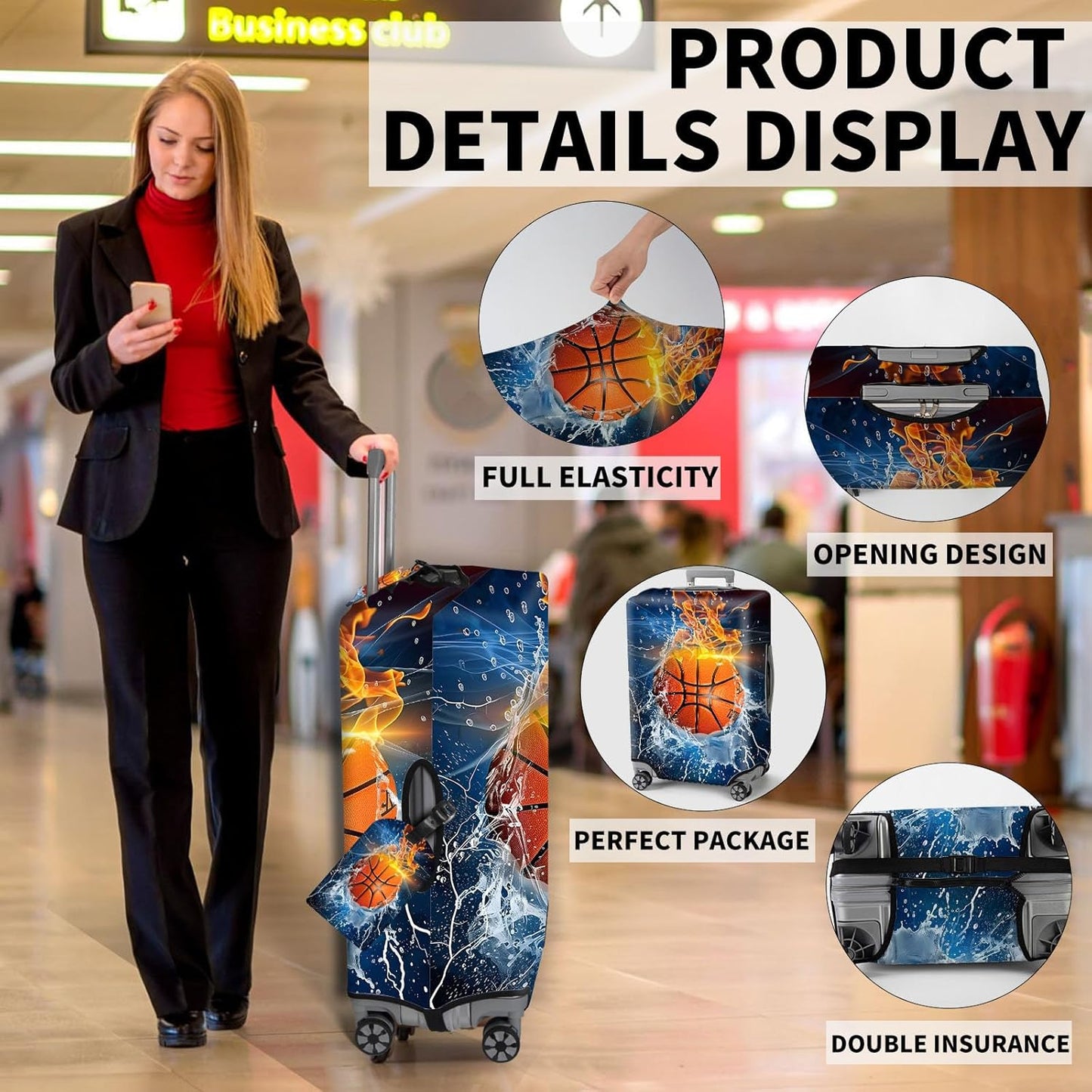 Travel Luggage Cover,Ice Fire Basketball Theme Suitcase Cover Accessory Kit, Luggage Tag, and Comfortable Luggage Handle Wrap, Washable Zipper Close Luggage Suitcase Protector (18-20 inch,S)