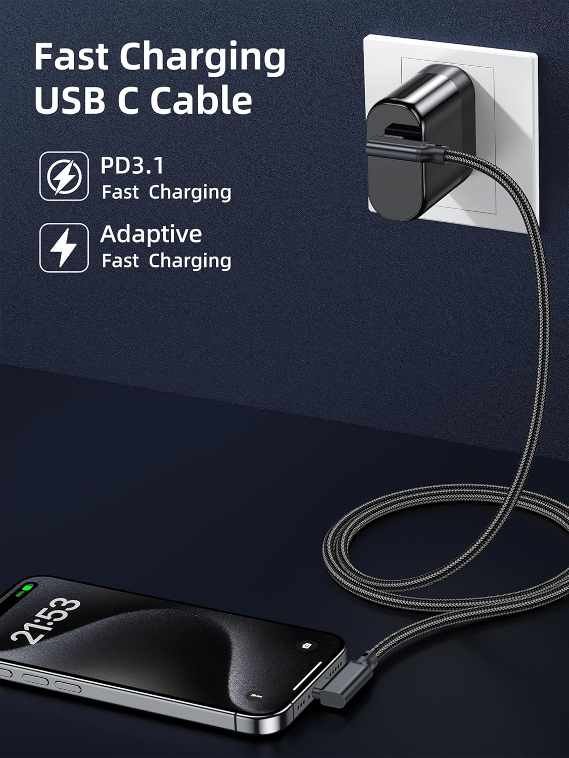 240W USB C to USB C Cable 3.3FT,PD 3.1 Type C to C 5A Fast Charging Cable Right Angle for MacBook Pro/Air,iPad Pro/Air/Mini,iPhone15/15Pro/15Plus/15ProMax,Samsung S24/S23/S22,Surface Book2,Pixel