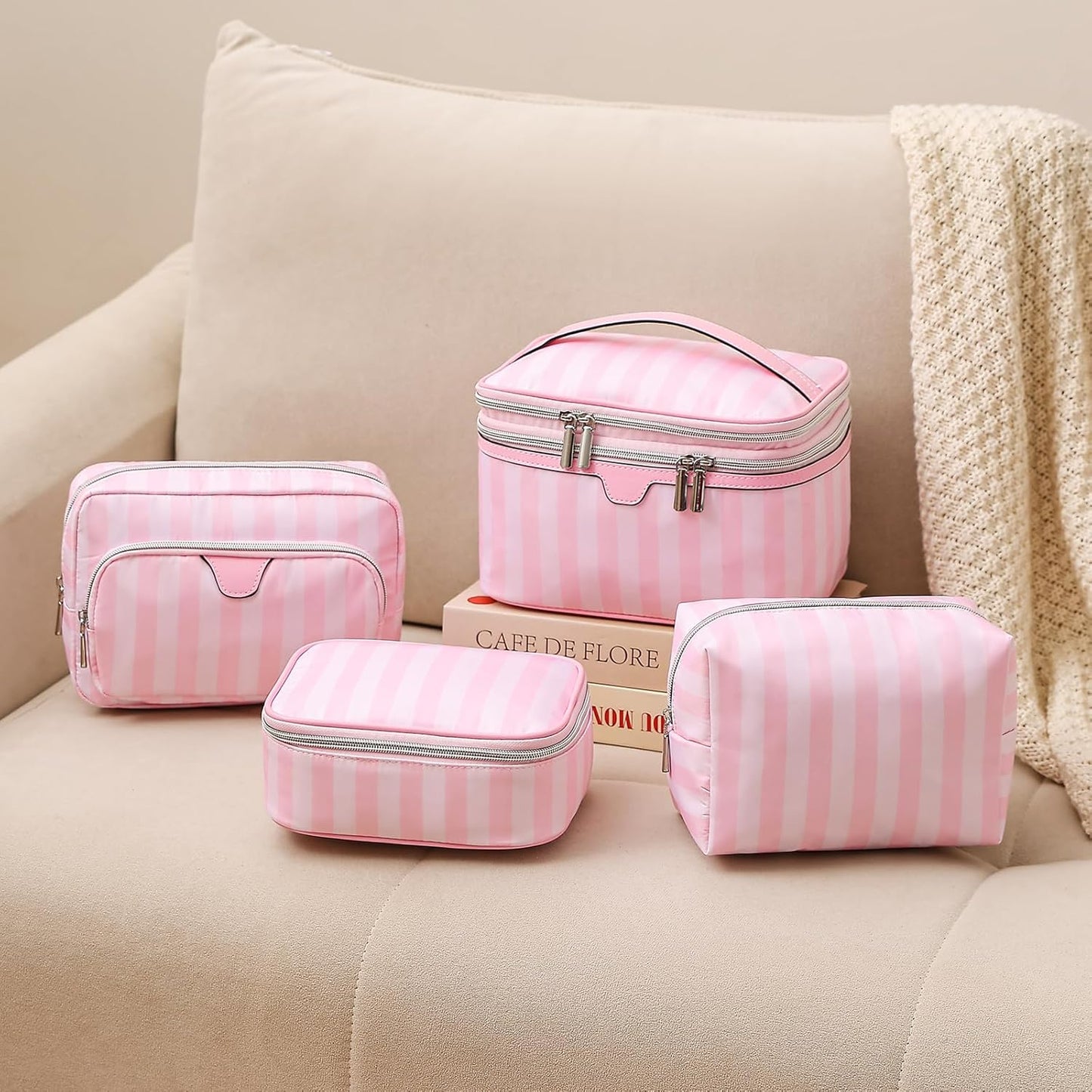 uekeboag Pink Stripe Nylon Travel Makeup Organizer Bag,Top Open Large Capacity Cosmetic Bags,Toiletries Accessories Coquette Bag for Women Girls(04Simple Top Open)