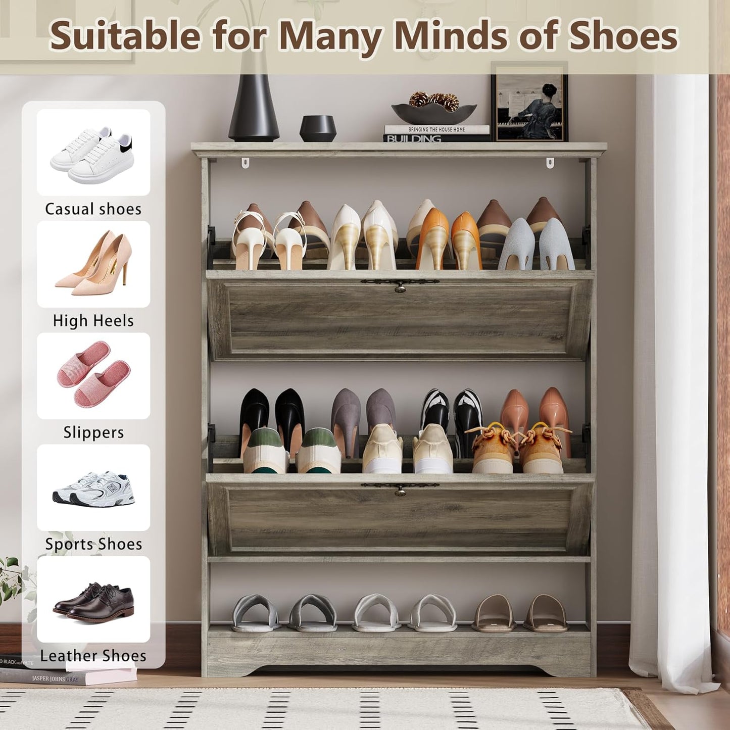 Shoe Cabinet for Entryway, Slim Shoe Storage Cabinet with Adjustable Shelves, Wooden Rack and Organizer for Small Spaces, Closet, Foyer, Hallway