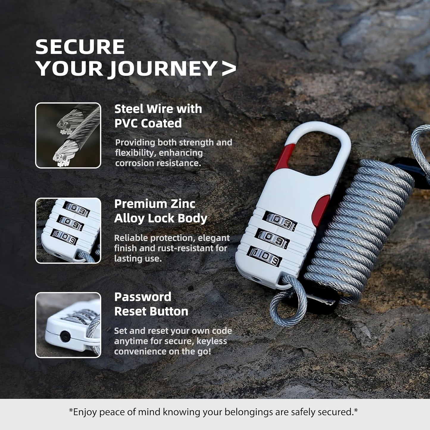Combination Lock with Retractable Cable, Small Cable Lock with Code, Mini Padlock Combination, for Travel Luggage, Suitcases, Backpack, Bag Zipper, Bicycle, Motorcycle Helmet Anti Theft