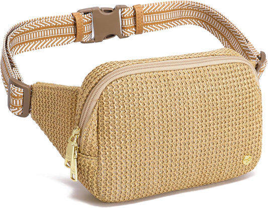 RFID Blocking Straw Summer Purses for Women 2025 Fanny Pack Crossbody Bags Belt Bag with Adjustable Strap(Boho Khaki)