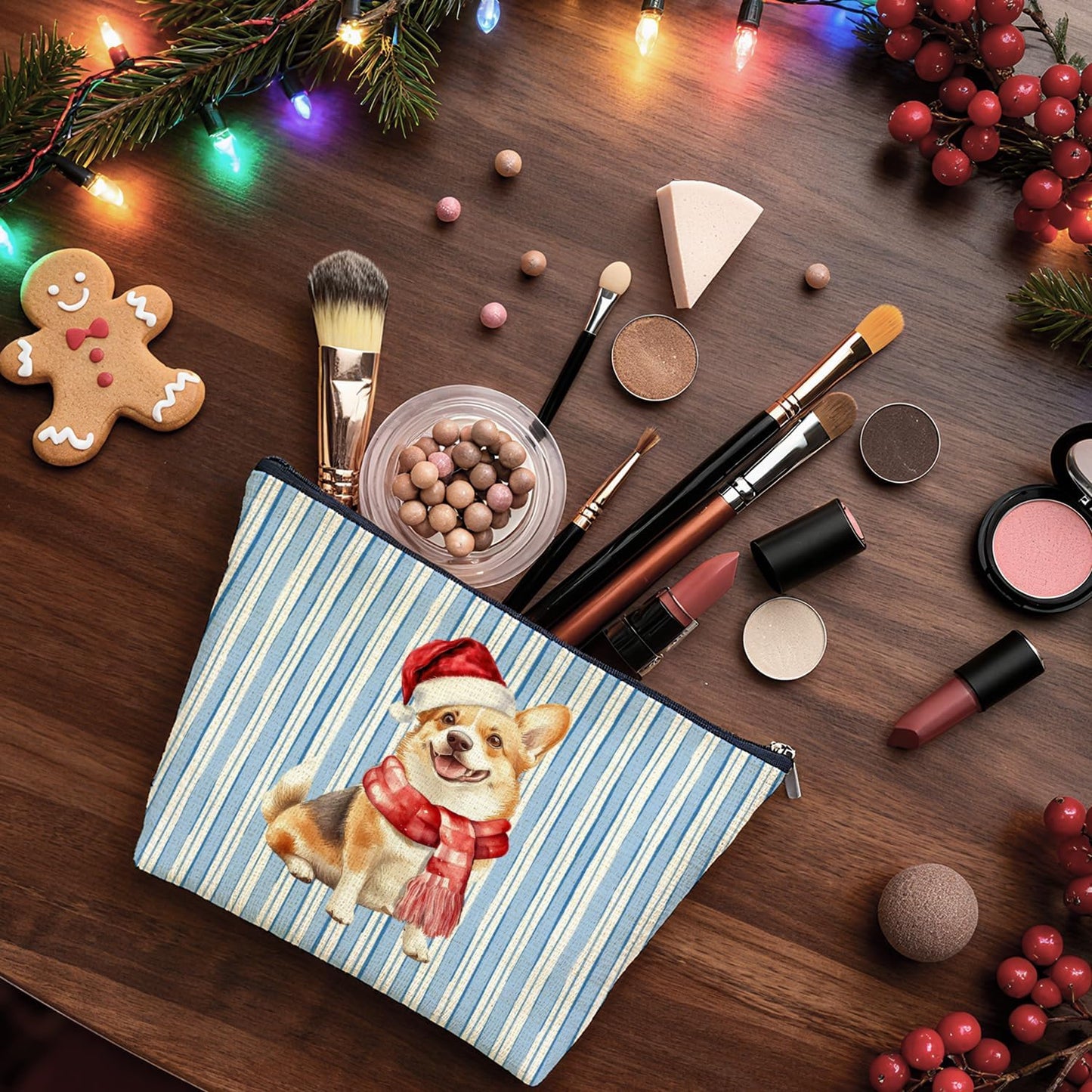 Christmas Corgi Makeup Bag Gifts for Women, Christmas Santa Hat Corgi Cosmetic Bag, Xmas Dog Blue Striped Winter Holiday Zipper Makeup Pouch Travel Toiletry Bag
