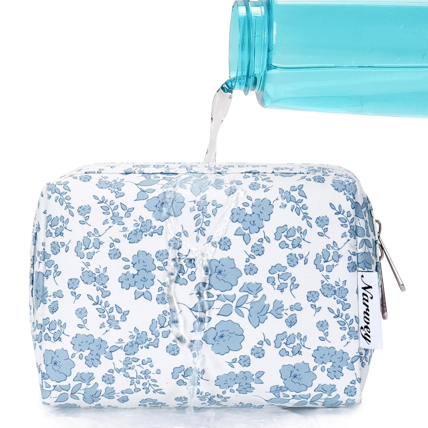 Narwey Small Cute Floral Makeup Bag for Purse Mini Cosmetic Bag Travel Makeup Pouch Zipper Pouch Cute Make up Bags with Compartments for Women Girls (Little Blue Flower, Small)