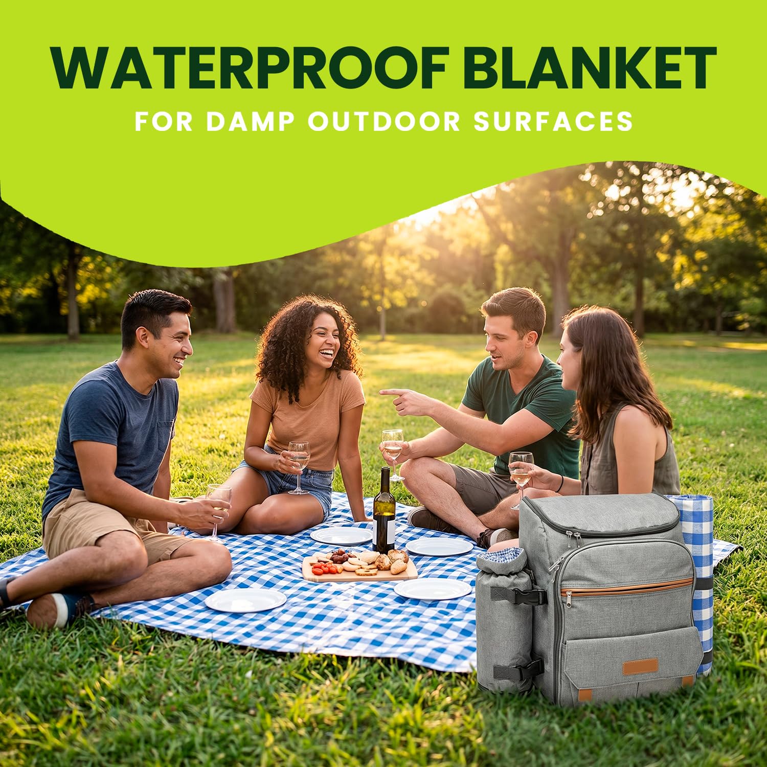 Nature Gear Picnic Backpack for 4, Insulated Picnic Set with Dinnerware, Wine Cooler, Blanket &
