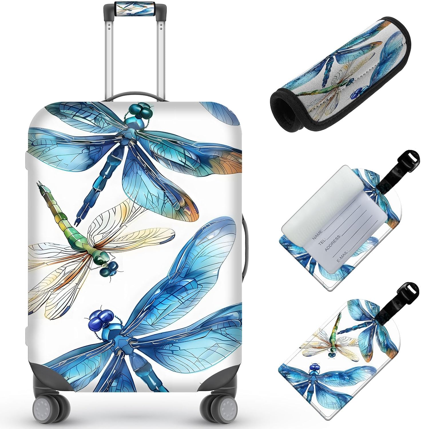 Travel Accessory - Blue Beautiful Dragonfly Suitcase Cover Set (S, 18-20 inch), Waterproof, Zipper