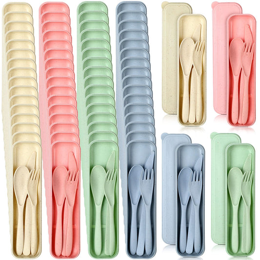 Jinei Reusable Travel Utensils Set Wheat Straw with Case,Bright