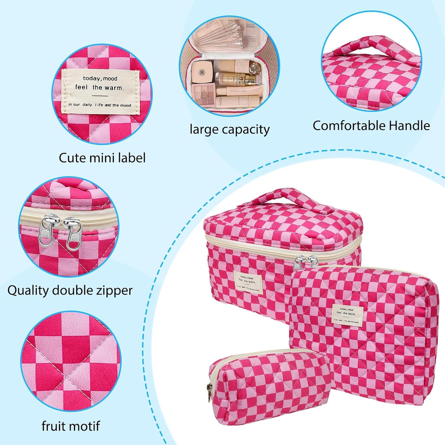 Quilted Makeup Bag, Large Capacity Travel Cosmetic Bag for Women and Girls, Aesthetic Storage for Daily and Travel Use (3pcs-PinkChecker)