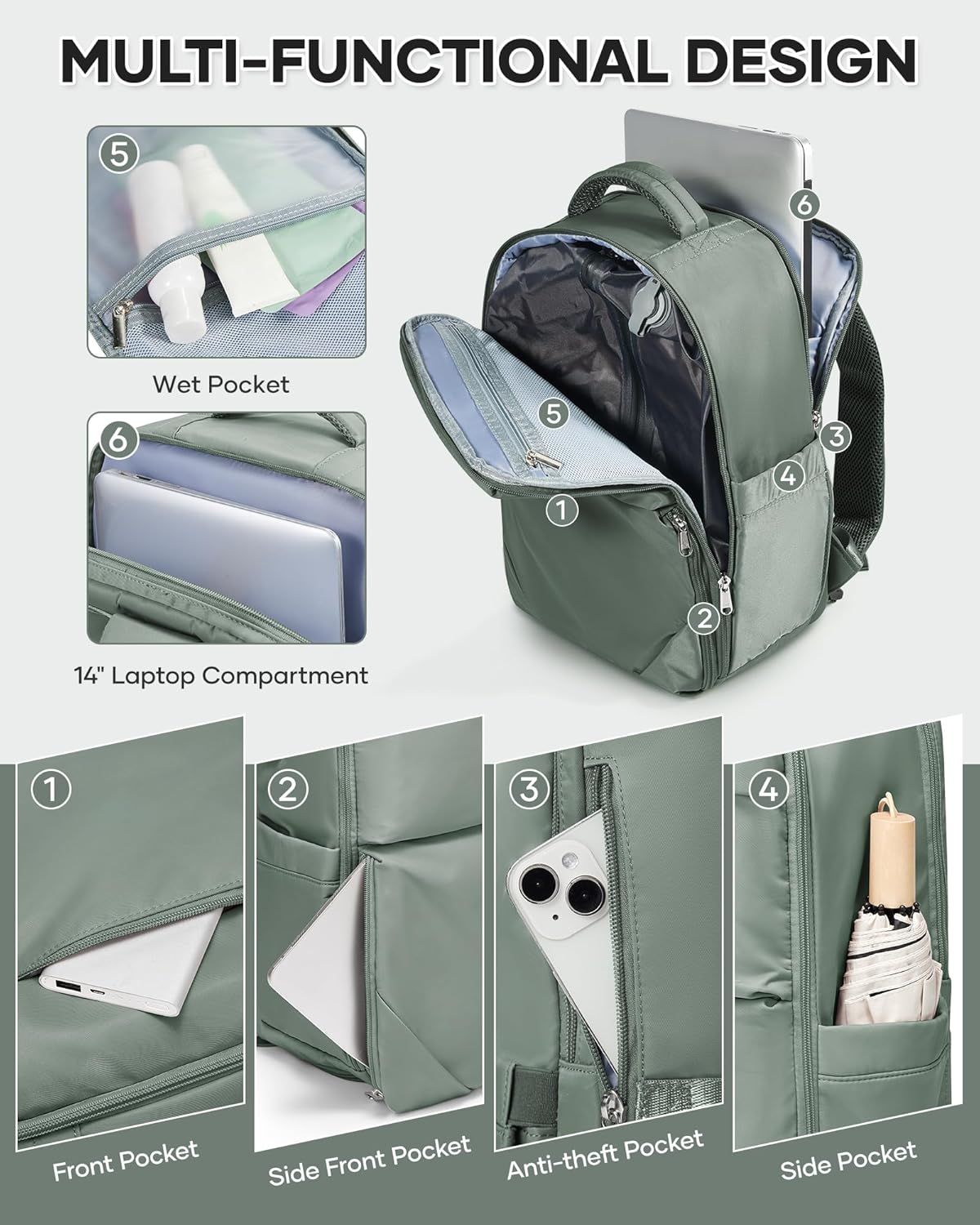Vacuum Backpack Travel for Women Men, Travel Backpack with Vacuum System, Small Compression Backpacks Flight Approved, Travel Vacuum Bags with 14inch Laptop Compartment, Contain Pump, Green