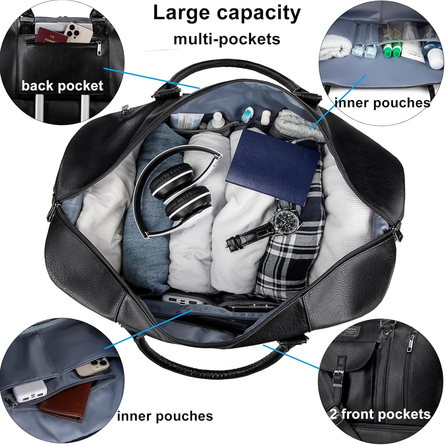 weiatas Faux Leather Travel Duffel Bag for Women Men, Large Weekender Overnight Bag with Shoes