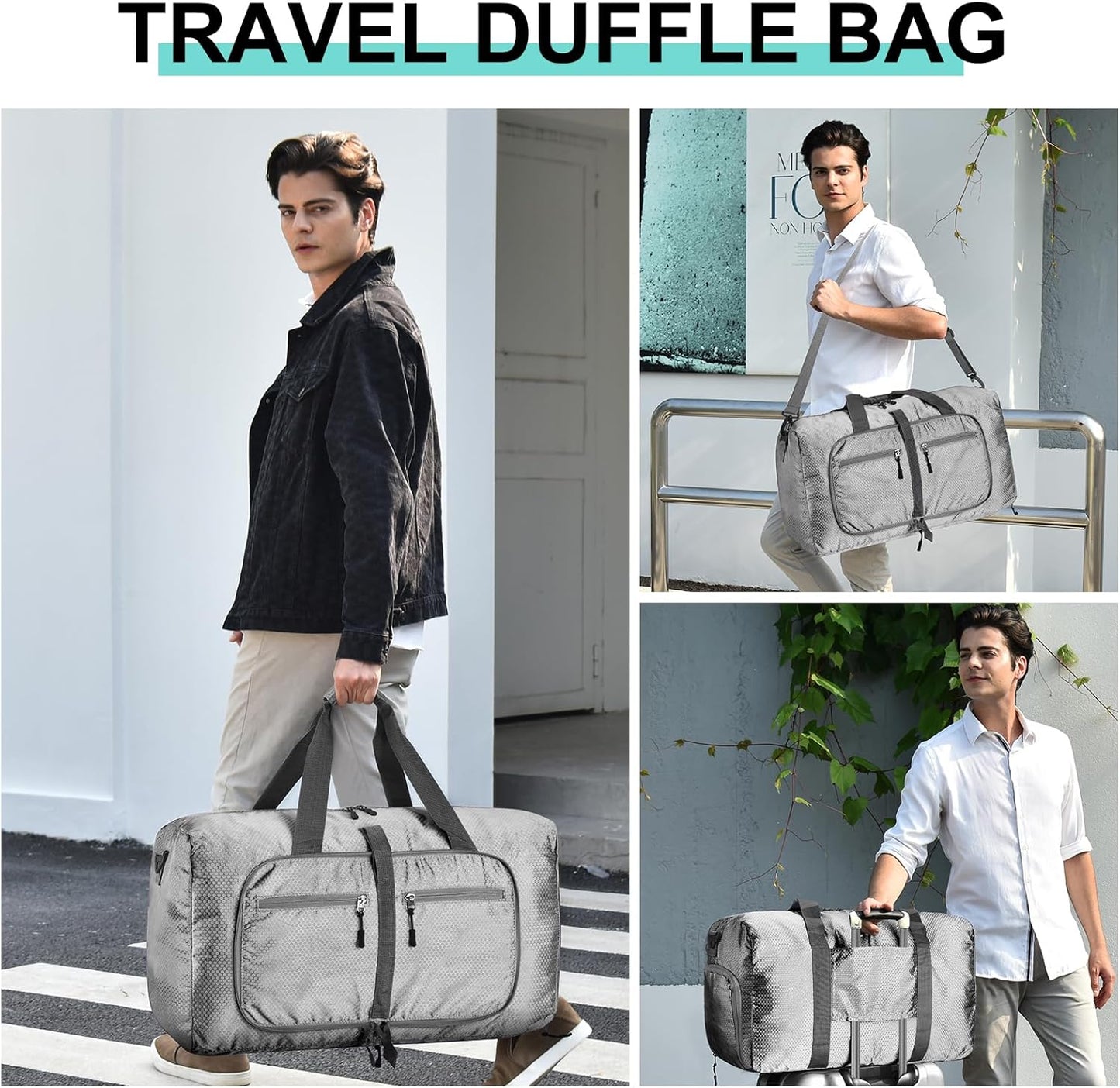 Dimayar Travel Duffle Bag for Men Women - Foldable Duffel Bag with Shoes Compartment - Overnight Bags Waterproof & Tear Resistant(40L,Space Gray)