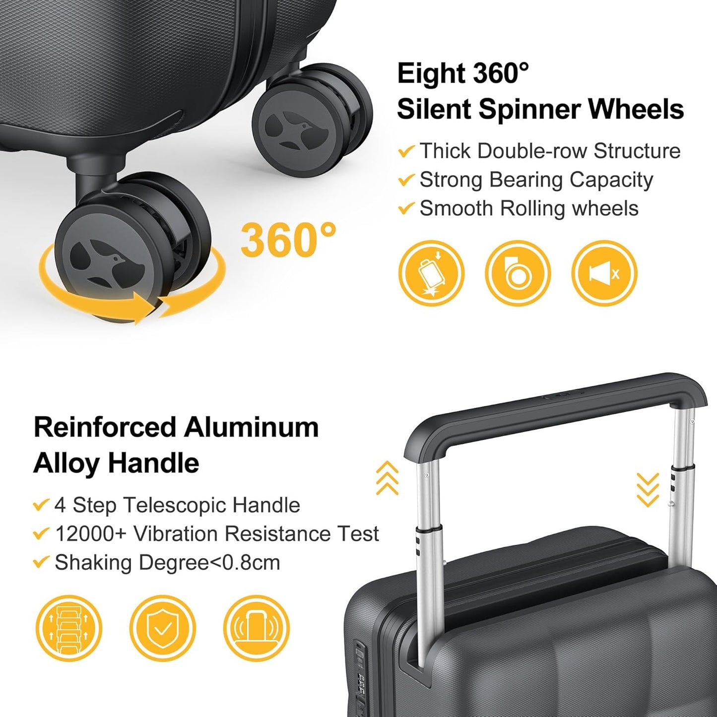 MGB Carry On Luggage Airline Approved 20'' Lightweight Luggage Wide Handle PC Hardshell Suitcases with Spinner Wheels & TSA Lock, Charcoal Grey