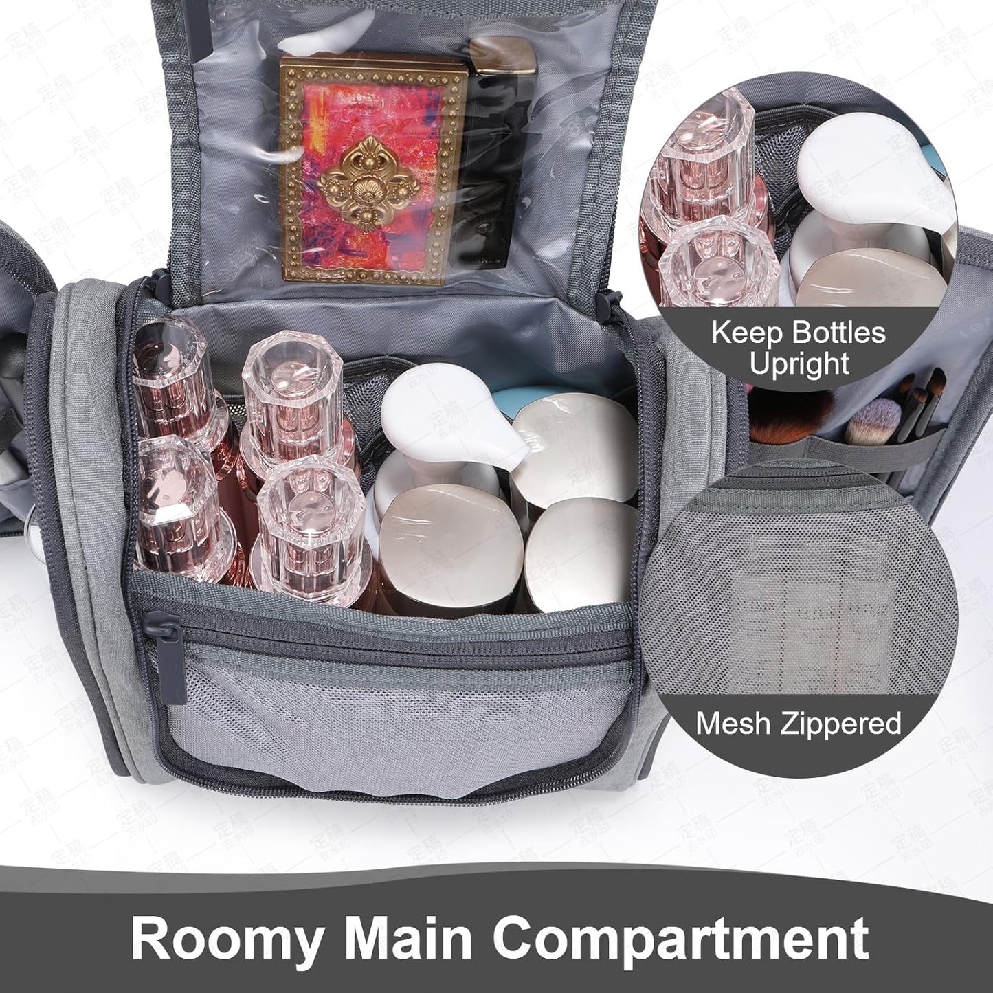 Hanging Toiletry bag & Makeup Bag for Travel, Water-Resistant Organizer Toiletries Bag with Separate Compartments, Travel Essentials Kit (Gray)