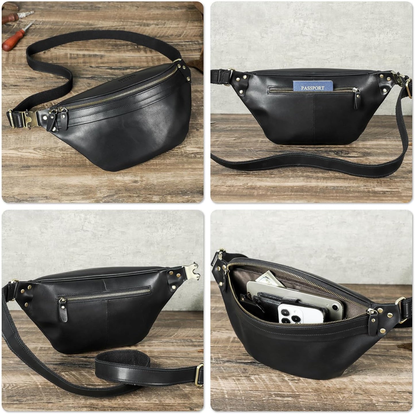 Top Grain Genuine Leather Large Size Fanny Pack for Man & Woman, Minimalist Vintage Design, Handmade with Detachable Hardware, Slim Waist Pack Large Crossbody Belt Bag for Traveling or Riding, Black