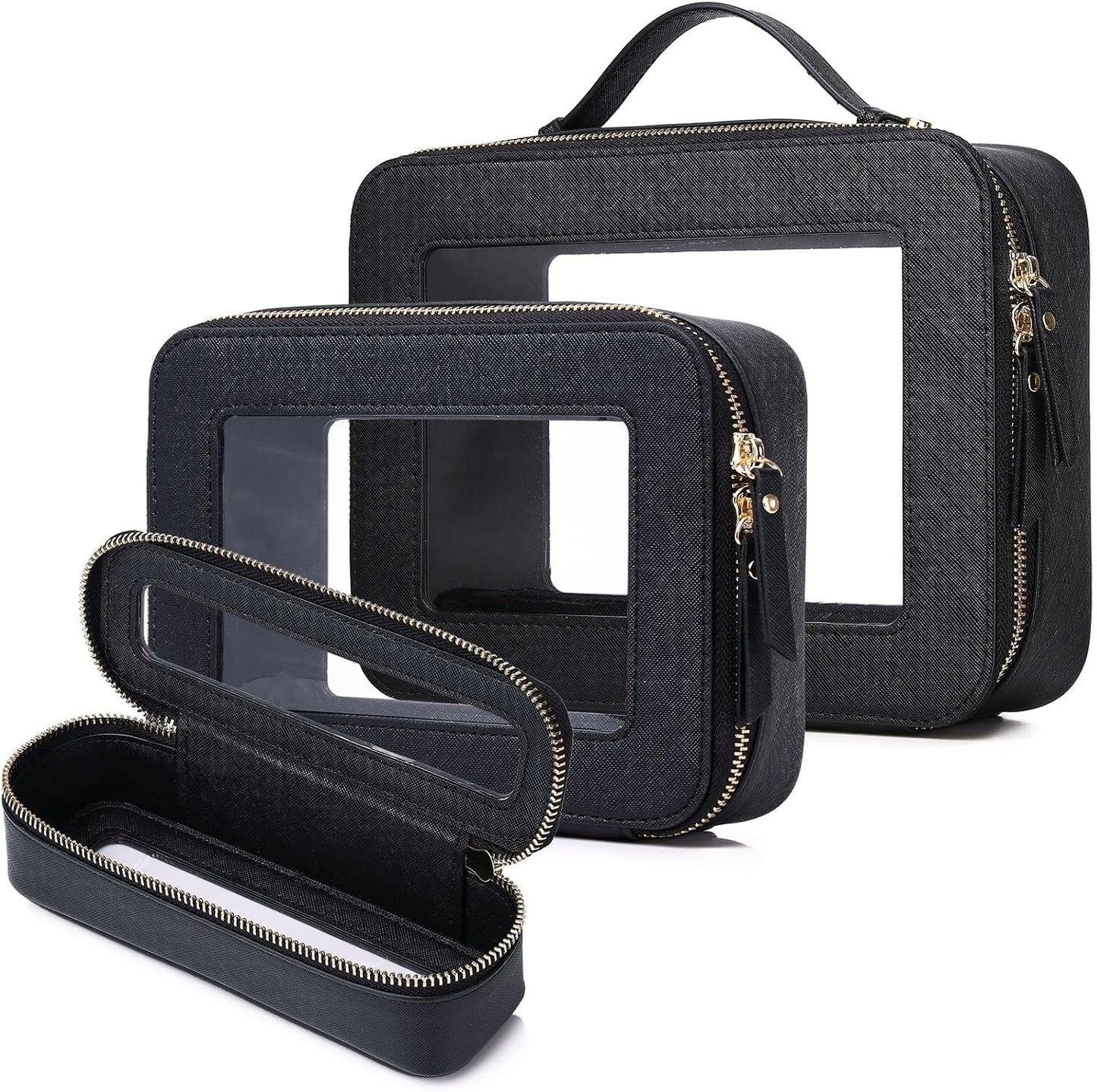 Travel Makeup Set Waterproof Transparent Cosmetic Bag and Toiletry Bag Makeup Brush case with Zipper Car Essentials for Women (Black, L+M+SLIM)