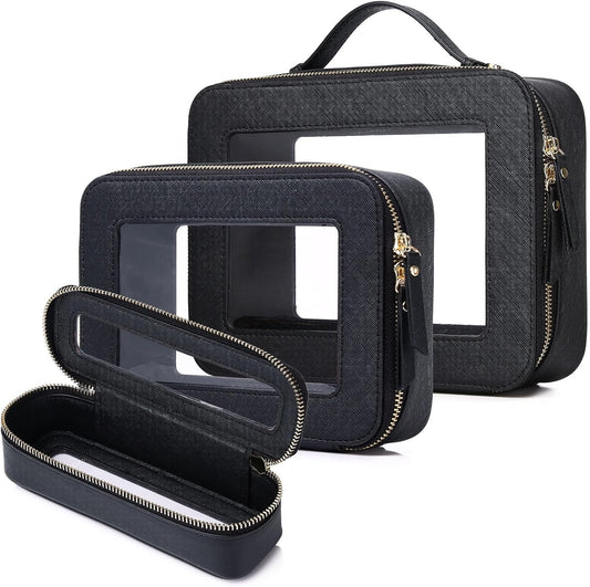 Travel Makeup Set Waterproof Transparent Cosmetic Bag and Toiletry Bag Makeup Brush case with Zipper Car Essentials for Women (Black, L+M+SLIM)