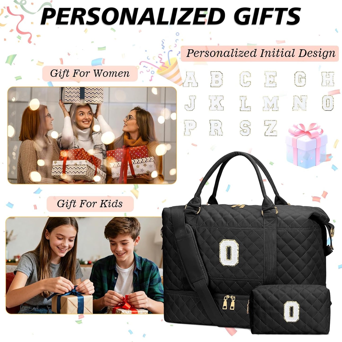 Gifts for Women Girls Birthday Christmas Initial Travel Duffle Bag Quilted Weekender Bags Carry-On Overnight with Cosmetic Bag, Hospital Bag for Women Labor Delivery, Black O