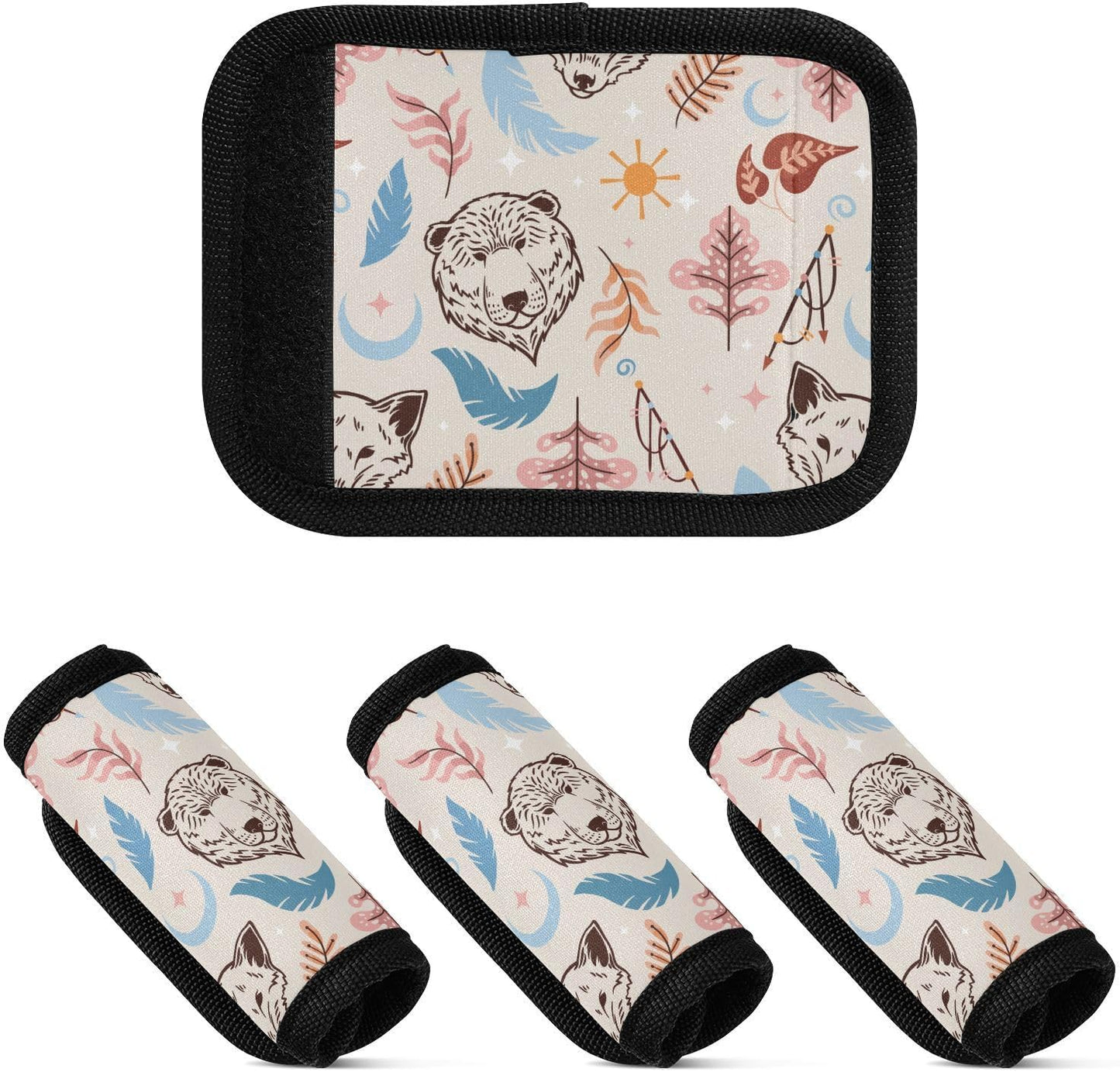 Boho Wolf Head Feather Leaves 2 Pack Luggage Handle Wraps Covers for Suitcase Identifiers Bag Tags Travel Accessories