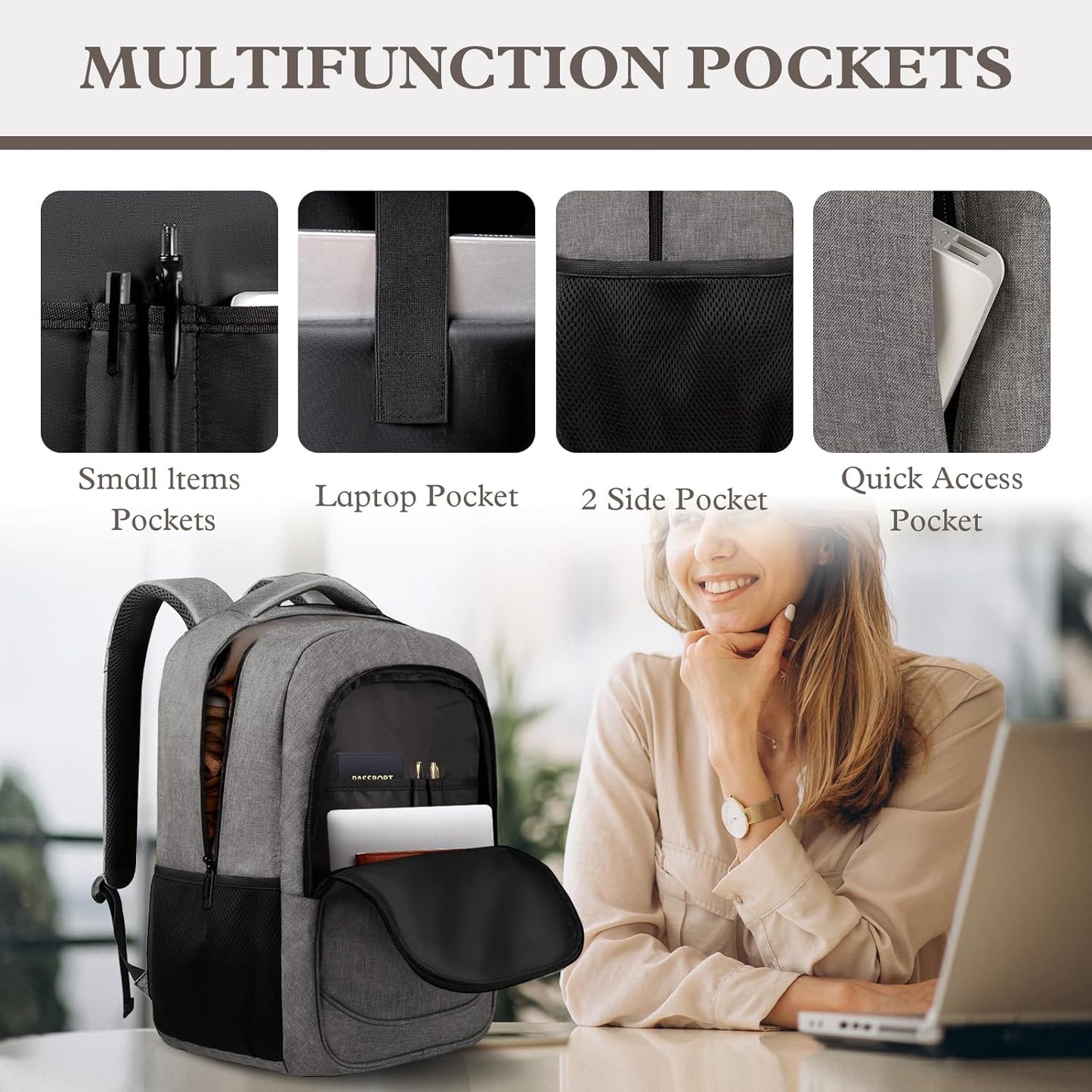 Travel Backpack, Laptop Backpack For Men Women, 17 Inch Water Resistant Slim Casual Daypack College School Travel Computer Nurse Work Bag Gift for Men & Women, Grey