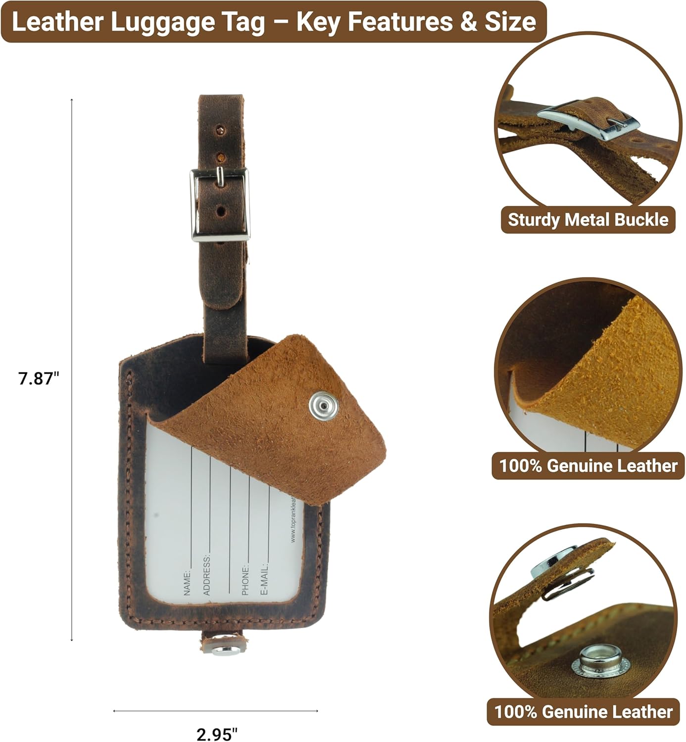 Toprank Leather Genuine Luggage Tags – Durable Leather Bag Tags for Travel, Baggage & Accessories (Tan)