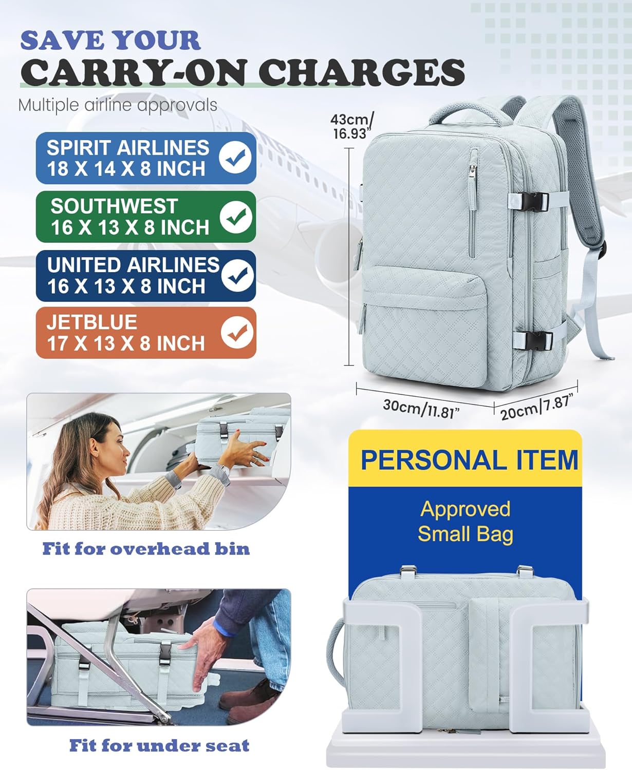 Travel Vacuum Storage Backpack with Air Pump Vacuum Seal Compression Space Saver Bags Clothing Vacpack 18x14x8 inches Travel Bag Carry on Personal item Laptop Work Backpacks Women LightBlue