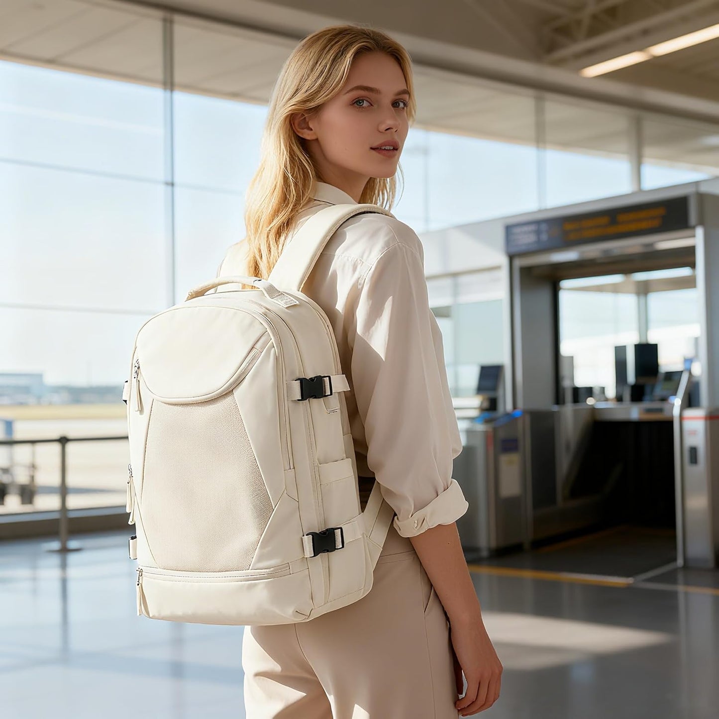 Vacuum Backpack Travel with Pump, Expandable Travel Backpack with Vacuum System, Vacuum Compression Bags Personal Item Carry On Suitcase Luggage Flight Approved Backpacks for Women Men, Beige