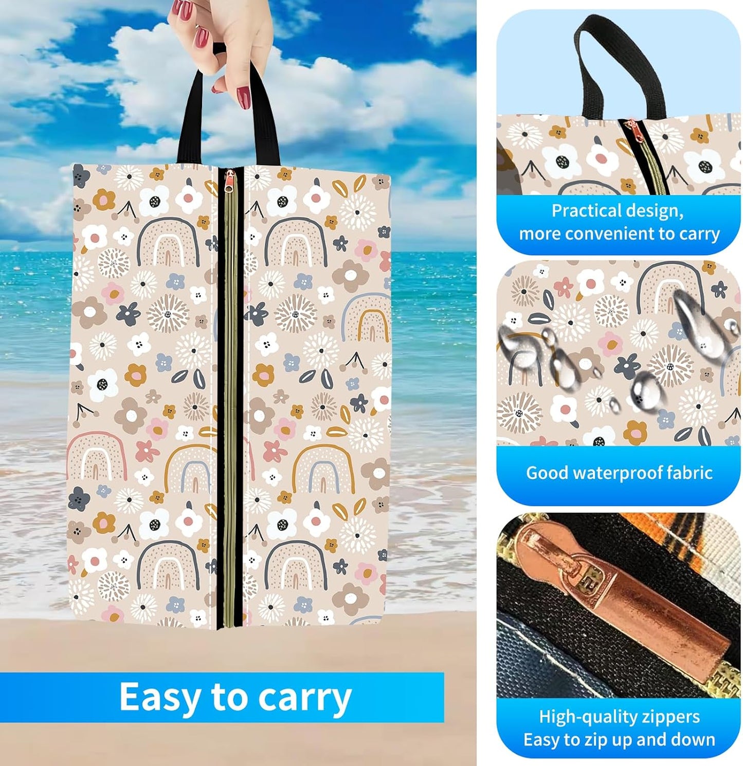 2pcs Shoe Organizer for Travel, Packing Shoe Travel Bags, Cute Shoe Bag with Zipper & Handle, Portable Travel Essentials for Women and Men Cute Flowers