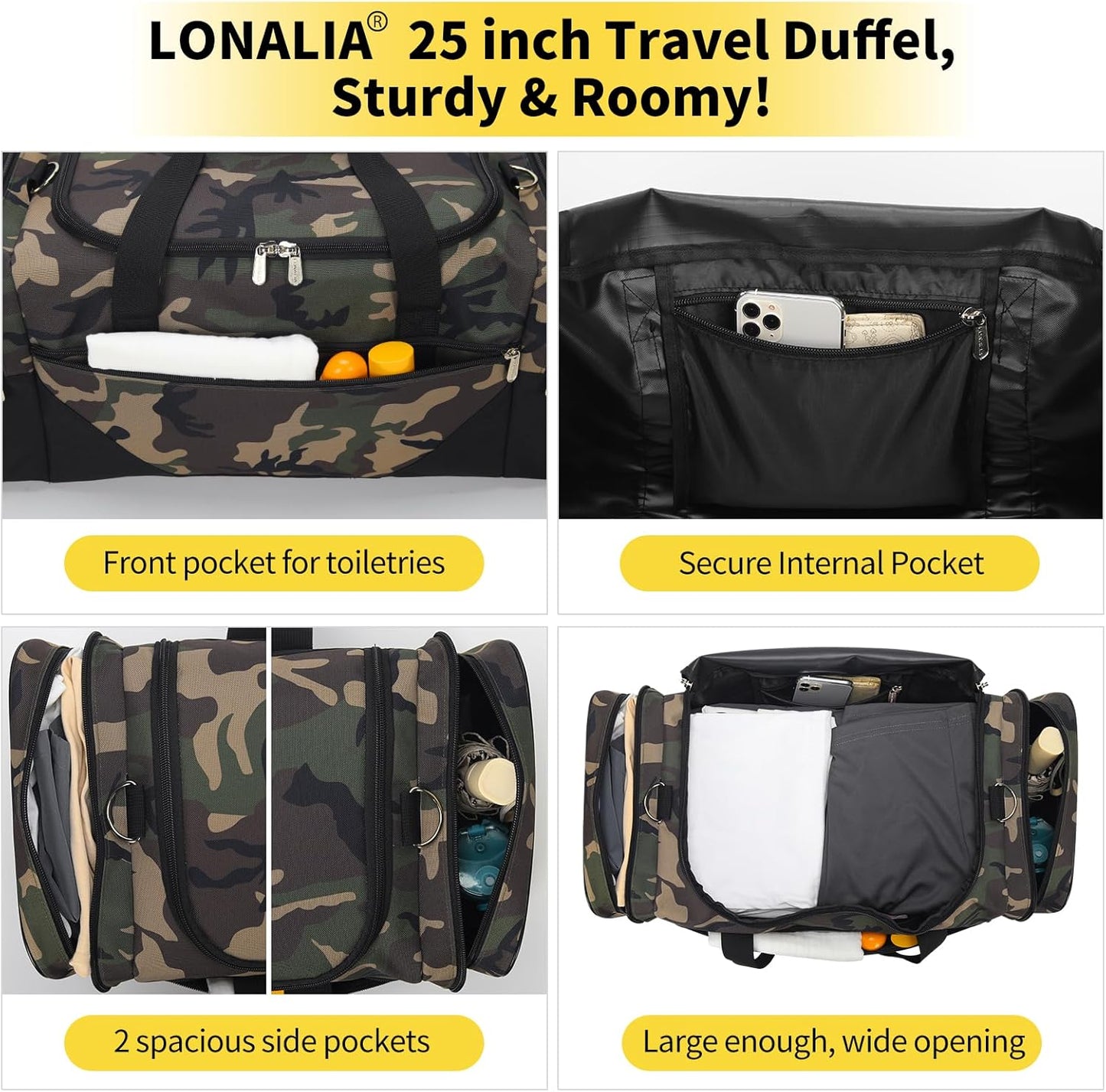 25 in Large Travel Duffel Bag for Men - 56L Roomy Weekender Bag with Trolley Sleeve (Camo)