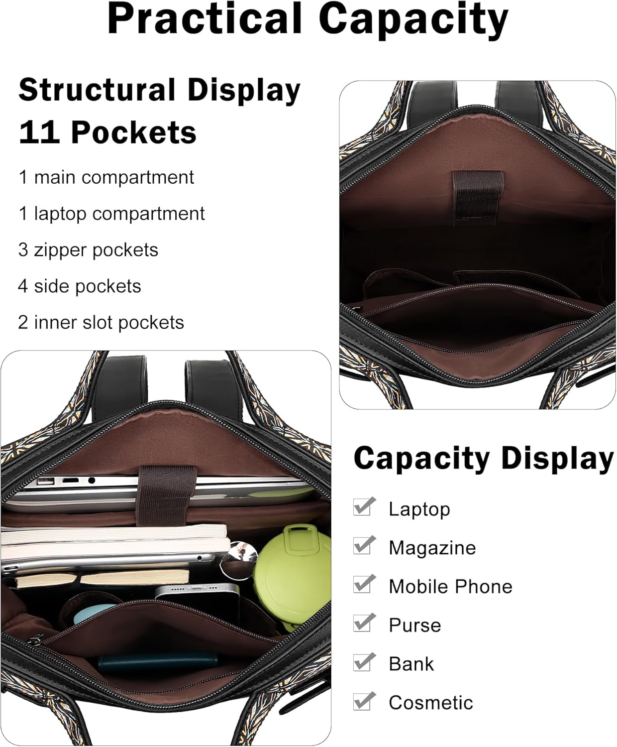 FADEON Leather Laptop Backpack for Women, Designer Ladies Work Travel Computer Backpack with Laptop Compartment Purse Black