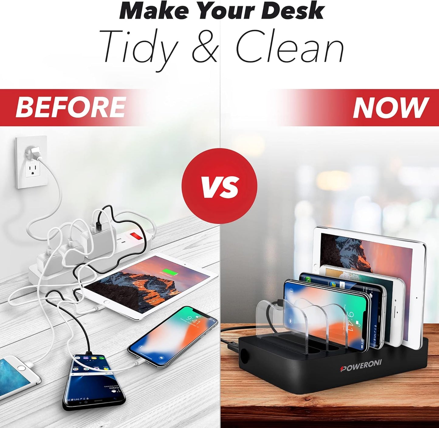 USB Charging Station 6-Ports - Fast Charging Station for Multiple Devices Apple - Multi Device Charger Dock - Compatible with Apple iPad, iPhone, Android, and Tablet