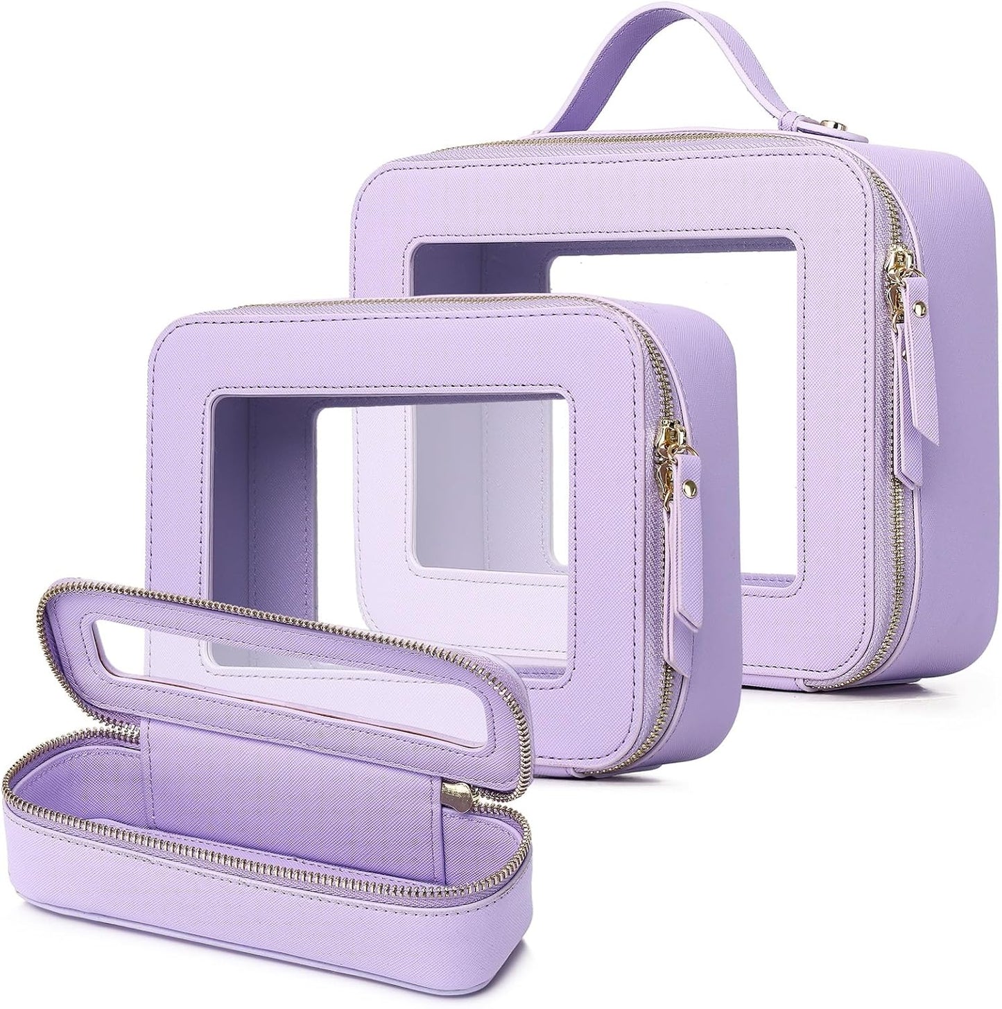 Travel Makeup Set Waterproof Transparent Cosmetic Bag and Toiletry Bag Makeup Brush case with Zipper Car Essentials for Women (Purple, L+M+SLIM)