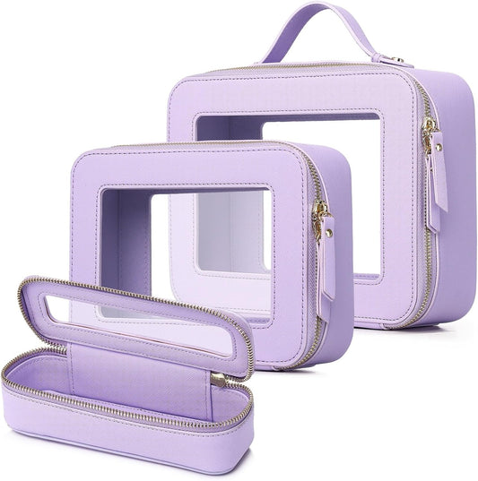 Travel Makeup Set Waterproof Transparent Cosmetic Bag and Toiletry Bag Makeup Brush case with Zipper Car Essentials for Women (Purple, L+M+SLIM)