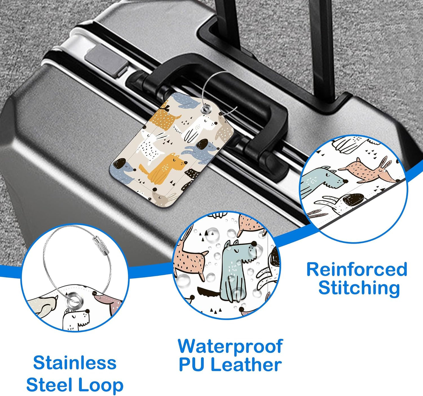 Cute Doodle Dogs Luggage Tags for Suitcases Leather Travel Tags for Luggage ID Label with Privacy Cover and Stainless Steel Loop for Men Women Suitcase Backpack, Set of 2