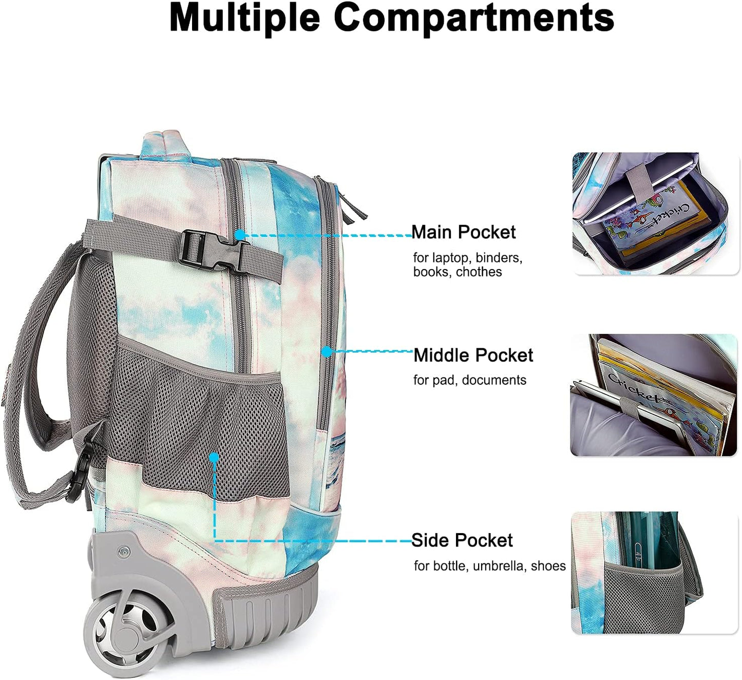 Tilami Rolling Backpack 19 inch Wheeled Cute LAPTOP Boys Girls Travel School Student Trip (Seaside)