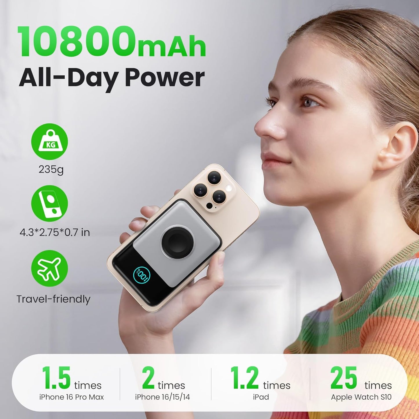 Magnetic Portable Charger for iPhone, 10800mAh Qi2 15W Wireless Power Bank with iWatch Charger,30W PD Fast Charging USB-C Travel Essentials Battery Pack for Magsafe,iPhone 17/16/15/14/13, Apple Watch