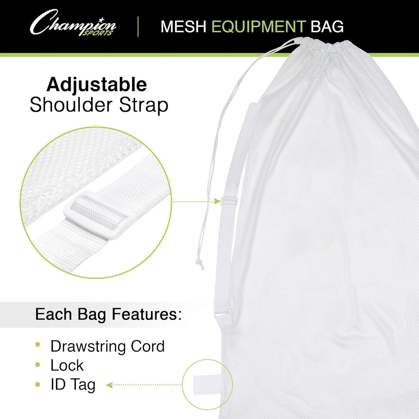 Champion Sports Mesh Equipment Bag – Heavy-Duty Nylon Drawstring Bag with Lock & ID Tag, Breathable