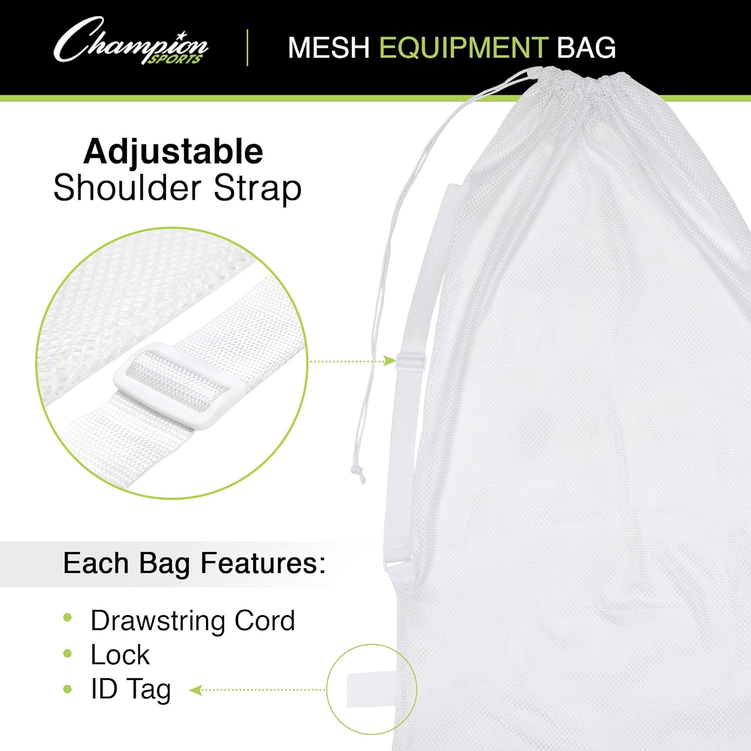 Champion Sports Mesh Equipment Bag – Heavy-Duty Nylon Drawstring Bag with Lock & ID Tag, Breathable