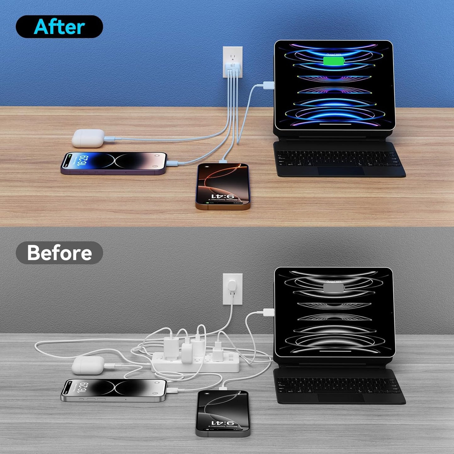 USB C Charger Block, 2Pack 40W 4 Ports Type C Fast Phone Charging Cubes PD Wall Plug+QC 3.0 USB A Charger Power Brick Box for iPhone 16/15/14/13/12/11 Pro Max, iPad, Galaxy, Pixel, White+Blue