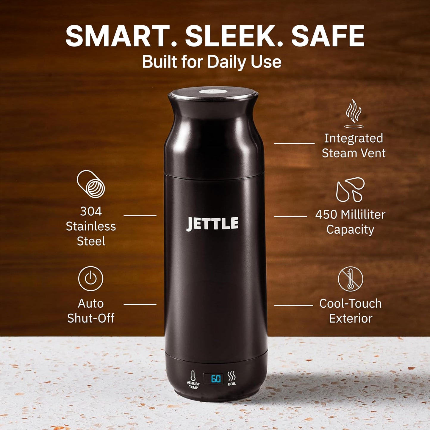 Jettle Portable Electric Kettle, 450ml Travel Water Boiler with LED, Black