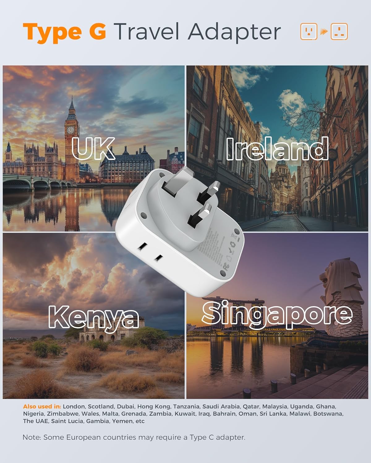 US to UK Plug Adapter, TESSAN Type G Travel Converter with 3 USB Charger(1 USB C Port), 4 Outlets Power Adaptor for USA to Qatar Ireland Hong Kong England Scotland Kenya Dubai London British