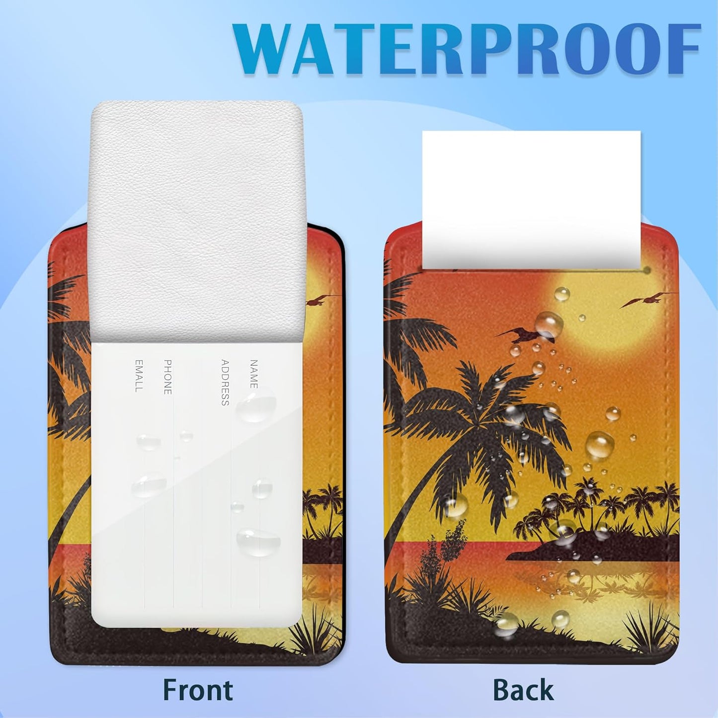 Sunset Seascape with Palm Trees 2 Pack Luggage Tag for Suitcase, Cute Unique Leather Bag Tags Identifiers Privacy Cover ID Label with Durable Steel Loop for Women Men Kids Girls Travel